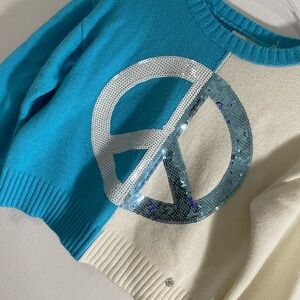 Justice Girls Split Blue & White Peace Sign Sweater – Size S (7/8)